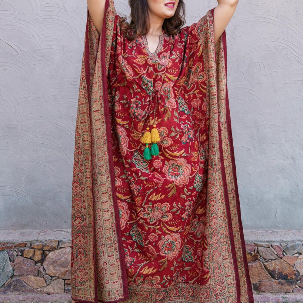 BRICK RED FLORAL BLOCK PRINT COTTON KAFTAN FOR WOMEN - Picture 2 of 5